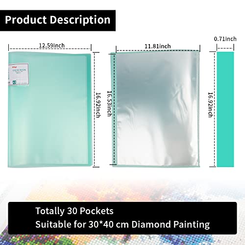 2 Pieces Diamond Painting Storage Book, A3 30 Pages Art Portfolio Presentation Folder Storage Bag, Clear Pockets Sleeves Protectors for Diamond Painting, Photos, Artworks, Posters(Light Green + White)