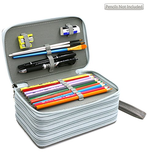 YOUSHARES 72 Slots Pencil Case - PU Leather Handy Multi-layer Large Zipper Pen Bag with Handle Strap for Colored / Watercolor Pencil (Gray)