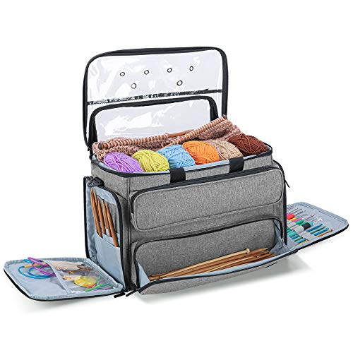 YARWO Knitting Bag, Yarn Storage Organizer Tote for Knitting Needles(Up to 14”), Crochet Hooks, Circular Needles, Projects and Skeins of Yarn, Gray (Bag Only)