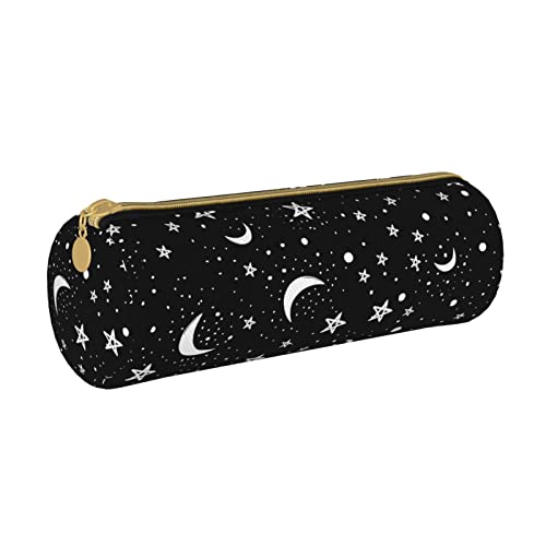 YANGDADA Black Moons White Stars Leather Cylinder Pencil Case, Pencil Pouch Medium Capacity Portable Multifunction Pen Bag For Girls Boys Kids Teen