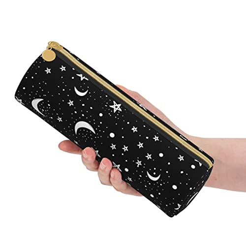 YANGDADA Black Moons White Stars Leather Cylinder Pencil Case, Pencil Pouch Medium Capacity Portable Multifunction Pen Bag For Girls Boys Kids Teen