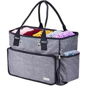 nicogena knitting bag, portable yarn storage tote for yarn skeins and accessories tangle free with 4 oversized grommets, gray