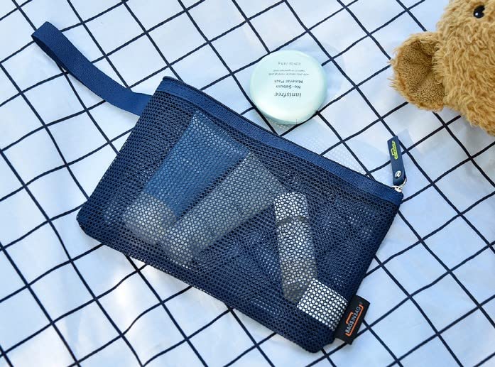 Bags In Bag Mesh Zipper Pouch Makeup Cosmetic Accessories Pencil Case Organizer Mesh Zipper Bags For Storage, Travel, Office (8.6x5.9 in) (Navy)