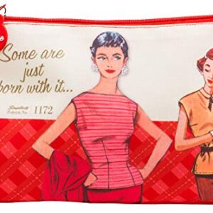 Simplicity Vintage Fashion 1950's ''Some are Just Born With it'' Red Large Zipper Pouch, 10'' L x 5.25'' H