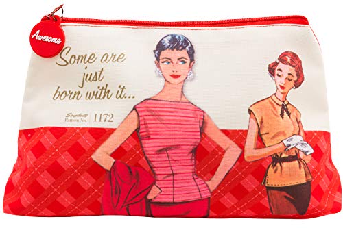 Simplicity Vintage Fashion 1950's ''Some are Just Born With it'' Red Large Zipper Pouch, 10'' L x 5.25'' H