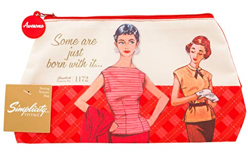 Simplicity Vintage Fashion 1950's ''Some are Just Born With it'' Red Large Zipper Pouch, 10'' L x 5.25'' H