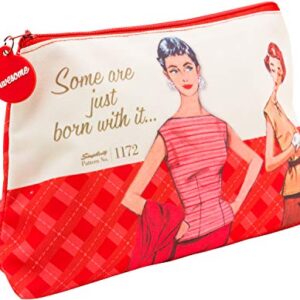 Simplicity Vintage Fashion 1950's ''Some are Just Born With it'' Red Large Zipper Pouch, 10'' L x 5.25'' H