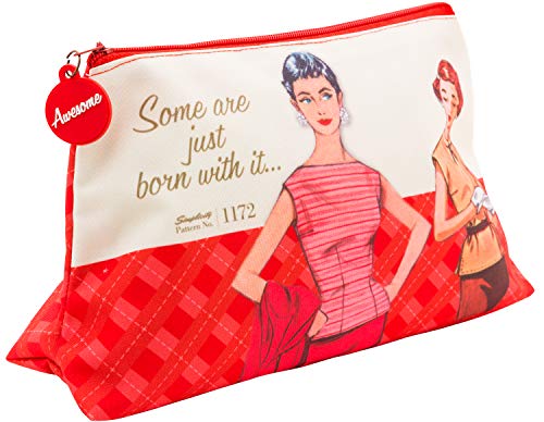 Simplicity Vintage Fashion 1950's ''Some are Just Born With it'' Red Large Zipper Pouch, 10'' L x 5.25'' H