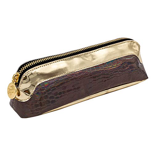 Pukka Pad, Wild Pencil Case - Faux Animal Print Zipper Pouch with Sturdy Gold Coloured Base for Pens, Penciles, and Other Stationery Supplies - Crocodile