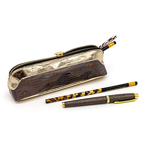 Pukka Pad, Wild Pencil Case - Faux Animal Print Zipper Pouch with Sturdy Gold Coloured Base for Pens, Penciles, and Other Stationery Supplies - Crocodile