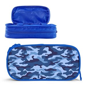 camo pencil case box, large capacity blue pencil bag pouch marker organizer with 2 compartments & durable zipper, cool stationary for primary middle high school college office