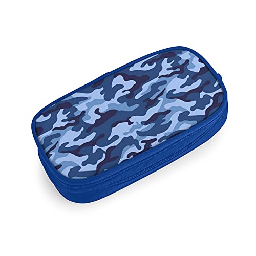 Camo Pencil Case Box, Large Capacity Blue Pencil Bag Pouch Marker Organizer with 2 Compartments & Durable Zipper, Cool Stationary for Primary Middle High School College Office