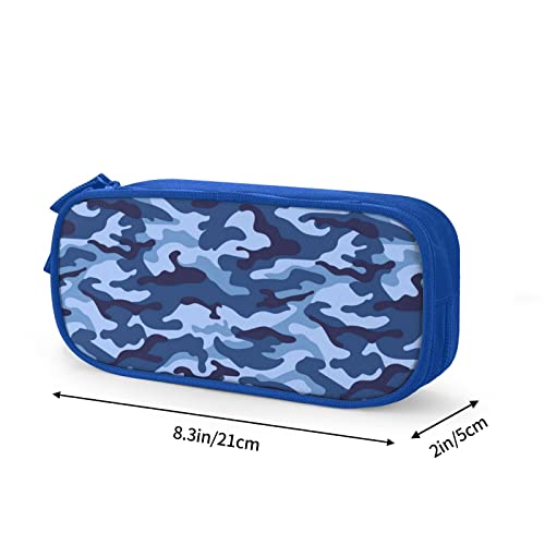 Camo Pencil Case Box, Large Capacity Blue Pencil Bag Pouch Marker Organizer with 2 Compartments & Durable Zipper, Cool Stationary for Primary Middle High School College Office