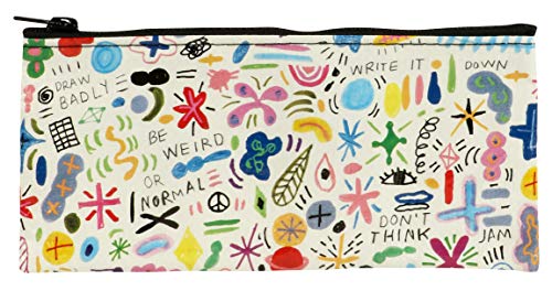 Blue Q Pencil Case, Doodle Party - chunky zipper, sturdy and easy-to-rinse-clean, 4.25"h x 8.5"w, made from 95% recycled material (multicolor)