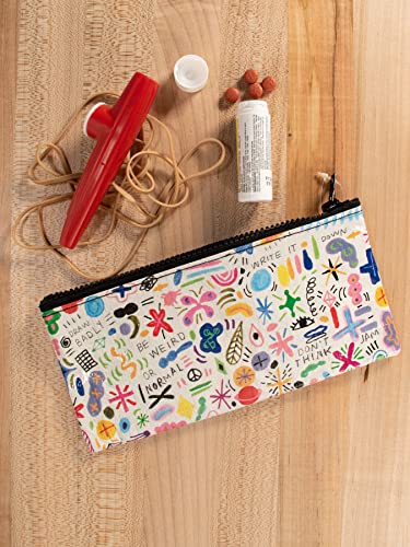 Blue Q Pencil Case, Doodle Party - chunky zipper, sturdy and easy-to-rinse-clean, 4.25"h x 8.5"w, made from 95% recycled material (multicolor)