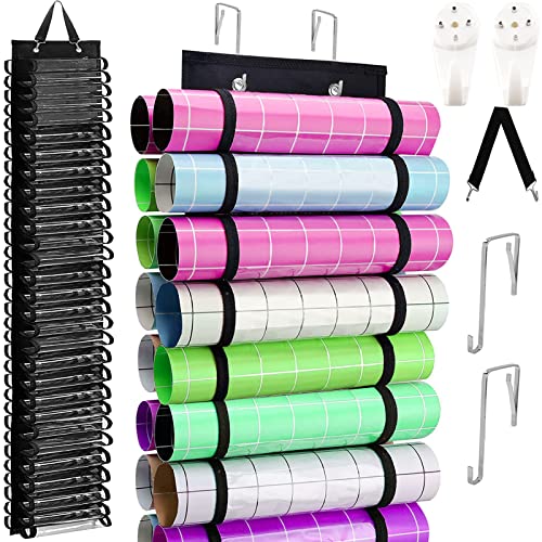 ChezMax Vinyl Roll Holder 60 Compartments, Vinyl Rolls Storage Organizer Bag, Craft Vinyl Door Hanging and Wall Mount/Over Organizers with Hook, Black Wrap Keeper Rack for Room Closet Studio Home