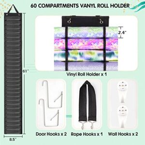 ChezMax Vinyl Roll Holder 60 Compartments, Vinyl Rolls Storage Organizer Bag, Craft Vinyl Door Hanging and Wall Mount/Over Organizers with Hook, Black Wrap Keeper Rack for Room Closet Studio Home