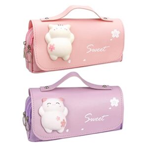 teblacker 2 pcs cute pencil case with handle, kawaii pencil bag large pencil pouch pens organizer storage bag with stress relief doll for girls kids teen school supply