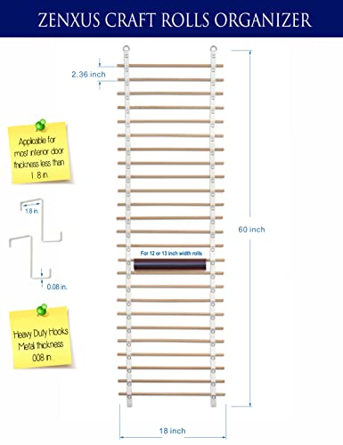 Vinyl Roll Holder, 25 Rolls, ZENXUS Craft Roll Storage and Organizer, Cotton Straps and Wood Dowels, with Door Hanging Hooks