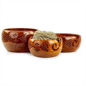 premium rosewood crafted yarn storage bowls with decorative carved handmade grills – knitting & crochet accessories supplies (set)