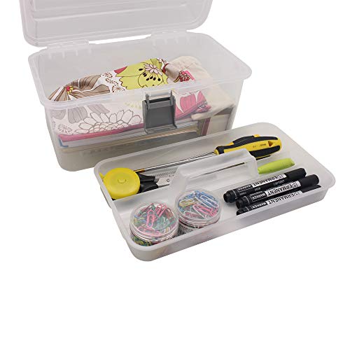 BangQiao Multipurpsoe Plastic Art Craft Storage Container Box Case with Handle and Removable Tray, Clear&Gray