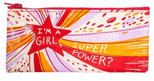 blue q pencil case – i’m a girl, what’s your super power? hefty zipper, sturdy and easy-to-wipe-clean, 95% recycled material, measures 4.25″h x 8.5″w
