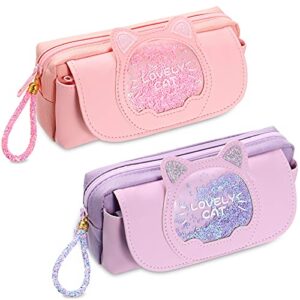 2 pieces big capacity pencil case cute cat large capacity pencil pouch portable pencil pouch stationery storage organizer pencil box pen holder bag for school student present, pink and purple