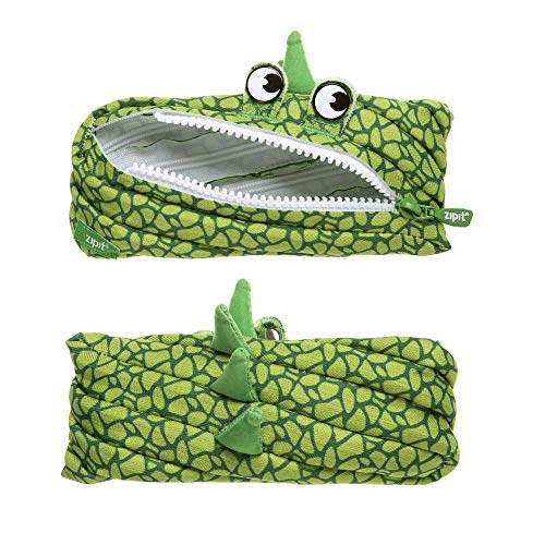 ZIPIT Dinosaur Pencil Case for Boys, Holds Up to 30 Pens, Machine Washable, Made of One Long Zipper! (Dino Green)