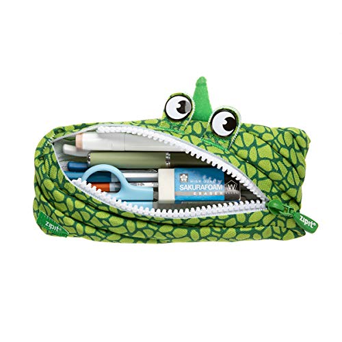 ZIPIT Dinosaur Pencil Case for Boys, Holds Up to 30 Pens, Machine Washable, Made of One Long Zipper! (Dino Green)