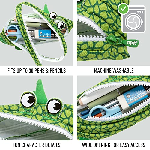 ZIPIT Dinosaur Pencil Case for Boys, Holds Up to 30 Pens, Machine Washable, Made of One Long Zipper! (Dino Green)