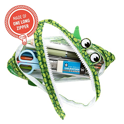 ZIPIT Dinosaur Pencil Case for Boys, Holds Up to 30 Pens, Machine Washable, Made of One Long Zipper! (Dino Green)