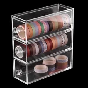 homdsim 3 drawers acrylic clear washi tape box organizer storage,divider closet container holder for cosmetic makeup,for ribbon,sewing,thread,masking tape,roll tape,pencils,cotton ball, cotton swab