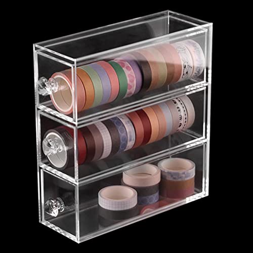 HomDSim 3 Drawers Acrylic Clear Washi Tape Box Organizer Storage,Divider Closet Container Holder for Cosmetic Makeup,for Ribbon,Sewing,Thread,Masking Tape,Roll Tape,Pencils,Cotton Ball, Cotton Swab