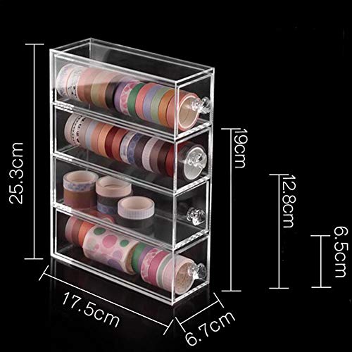 HomDSim 3 Drawers Acrylic Clear Washi Tape Box Organizer Storage,Divider Closet Container Holder for Cosmetic Makeup,for Ribbon,Sewing,Thread,Masking Tape,Roll Tape,Pencils,Cotton Ball, Cotton Swab