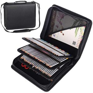 shulaner 180 slots pu leather colored pencil case organizer large capacity carrying bag for prismacolor watercolor pencils, crayola colored pencils, marco pens, gel pens (black, 180)