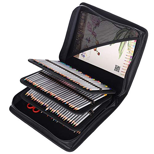 Shulaner 180 Slots PU Leather Colored Pencil Case Organizer Large Capacity Carrying Bag for Prismacolor Watercolor Pencils, Crayola Colored Pencils, Marco Pens, Gel Pens (Black, 180)