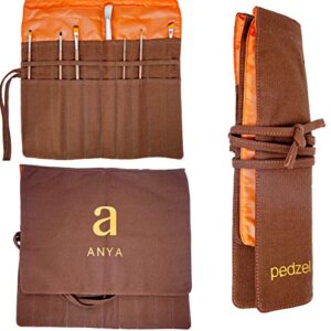 ANYA Artists Paint Brush Holder, 20 Slots Paint Brush Storage Canvas Roll up pouch for Acrylic Oil Watercolor, Dark brown PEDZEL (brushes not included)