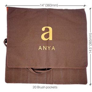 ANYA Artists Paint Brush Holder, 20 Slots Paint Brush Storage Canvas Roll up pouch for Acrylic Oil Watercolor, Dark brown PEDZEL (brushes not included)