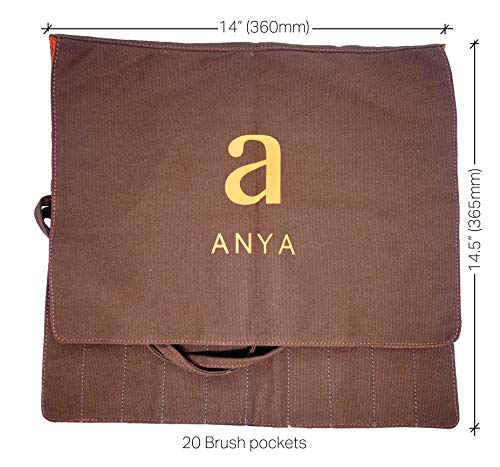 ANYA Artists Paint Brush Holder, 20 Slots Paint Brush Storage Canvas Roll up pouch for Acrylic Oil Watercolor, Dark brown PEDZEL (brushes not included)