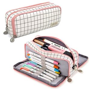 sebeli pencil case big capacity 3 compartments pouch stationery art pen bag for girls teens students school & office supplies – plaid white