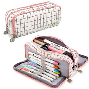 SeBeLi Pencil Case Big Capacity 3 Compartments Pouch Stationery Art Pen Bag for Girls Teens Students School & Office Supplies - Plaid White