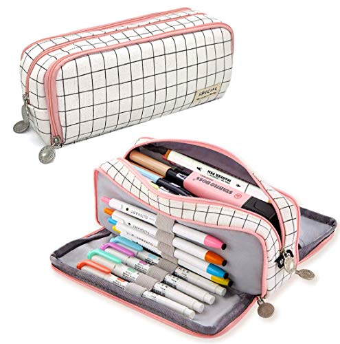 SeBeLi Pencil Case Big Capacity 3 Compartments Pouch Stationery Art Pen Bag for Girls Teens Students School & Office Supplies - Plaid White