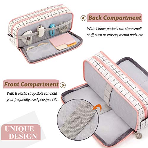 SeBeLi Pencil Case Big Capacity 3 Compartments Pouch Stationery Art Pen Bag for Girls Teens Students School & Office Supplies - Plaid White