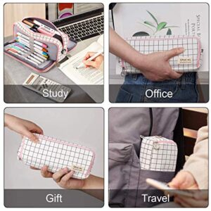 SeBeLi Pencil Case Big Capacity 3 Compartments Pouch Stationery Art Pen Bag for Girls Teens Students School & Office Supplies - Plaid White