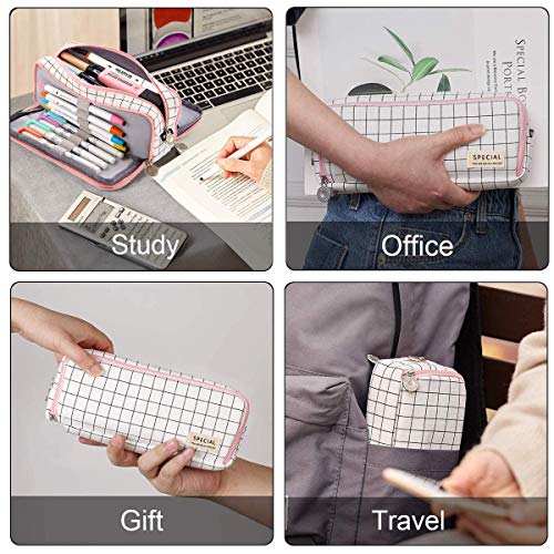 SeBeLi Pencil Case Big Capacity 3 Compartments Pouch Stationery Art Pen Bag for Girls Teens Students School & Office Supplies - Plaid White