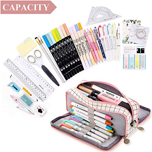 SeBeLi Pencil Case Big Capacity 3 Compartments Pouch Stationery Art Pen Bag for Girls Teens Students School & Office Supplies - Plaid White