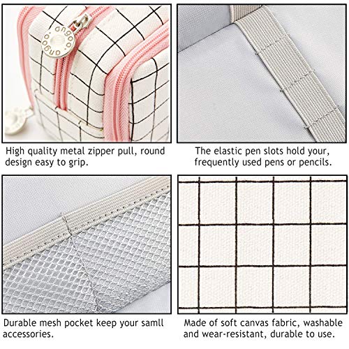 SeBeLi Pencil Case Big Capacity 3 Compartments Pouch Stationery Art Pen Bag for Girls Teens Students School & Office Supplies - Plaid White