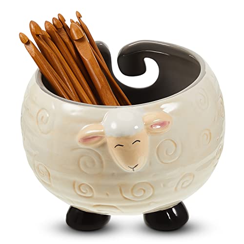 Sleepy Sheep Ceramic Yarn Bowl 6.69 x 4.72 Inch Large Decorative Yarn Holder Knitting Yarn Ball Holder Handmade Craft Knitting Bowl Crocheting Accessories and Supplies Organizer With12 Crochet Hooks