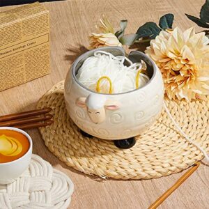 Sleepy Sheep Ceramic Yarn Bowl 6.69 x 4.72 Inch Large Decorative Yarn Holder Knitting Yarn Ball Holder Handmade Craft Knitting Bowl Crocheting Accessories and Supplies Organizer With12 Crochet Hooks