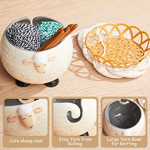 Sleepy Sheep Ceramic Yarn Bowl 6.69 x 4.72 Inch Large Decorative Yarn Holder Knitting Yarn Ball Holder Handmade Craft Knitting Bowl Crocheting Accessories and Supplies Organizer With12 Crochet Hooks